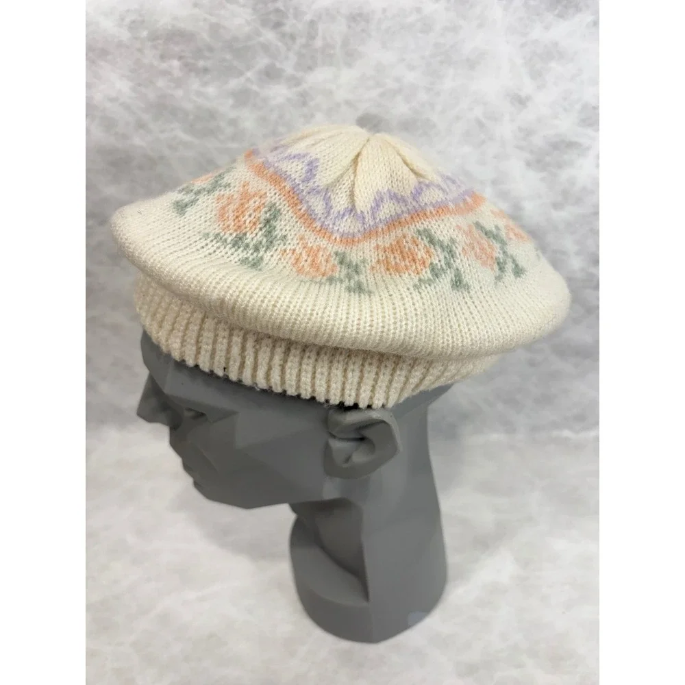 English Village‎ Vintage Knit Beret Hat Cream Floral Pastel Fair Isle Acrylic